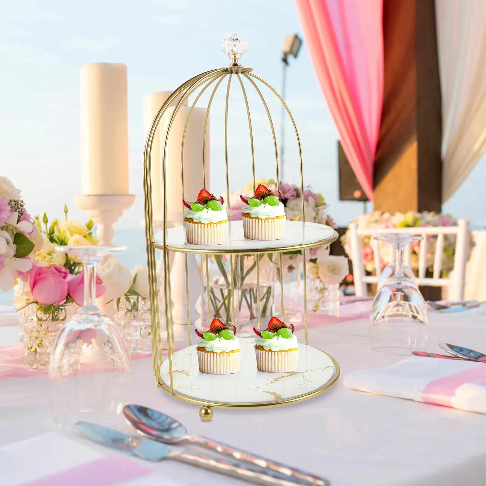 Gold Metal Birdcage Cake Stand Elegant Dessert Display for Wedding Birthday Party Baby Shower Afternoon Tea Skincare Organizer