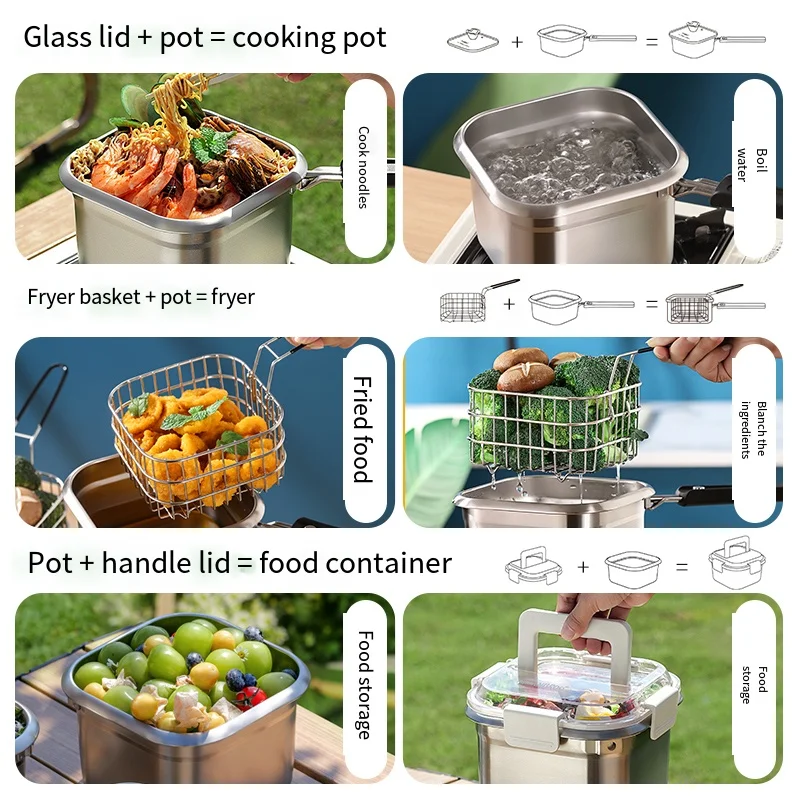 مقلاة من الفولاذ المقاوم للصدأ المحمولة وعاء الطبخ في الهواء الطلق متعددة الوظائف مقلاة قابلة للفصل التخييم طقم حلل استانلس ستيل أدوات مطبخ