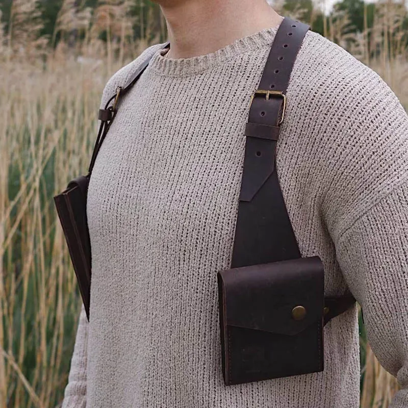 

Steampunk PU Leather Shoulder Harness Bag Vintage Phone Pouch Double Pocket Festival Viking Cosplay Costume Vintage Holster Bag