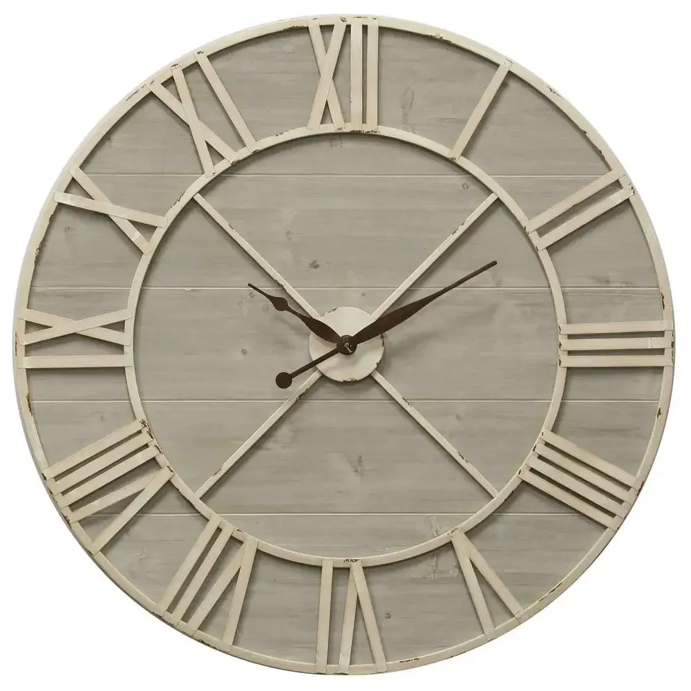 Rustic Driftwood Ivory Metal Wall Clock 36-Inch Minimalist Style Wood Frame