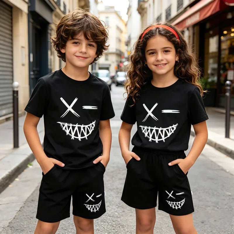 

2026 Novedad Verano Niños Niñas 2-13 Años Conjunto Deportivo 2 Piezas Camiseta Transpirable Estampado Cara Sonriente + Pantalone