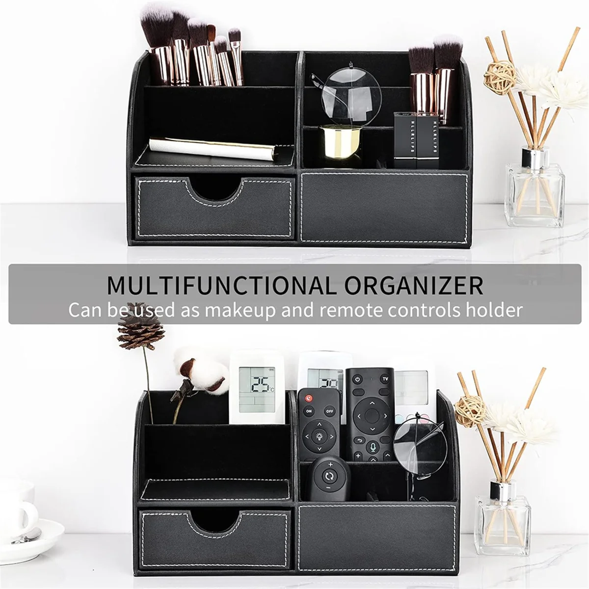 Office Desk Organizer with Drawer, Desk Organizers and Accessories with Pen Holder Cute Remote Control Holder Black