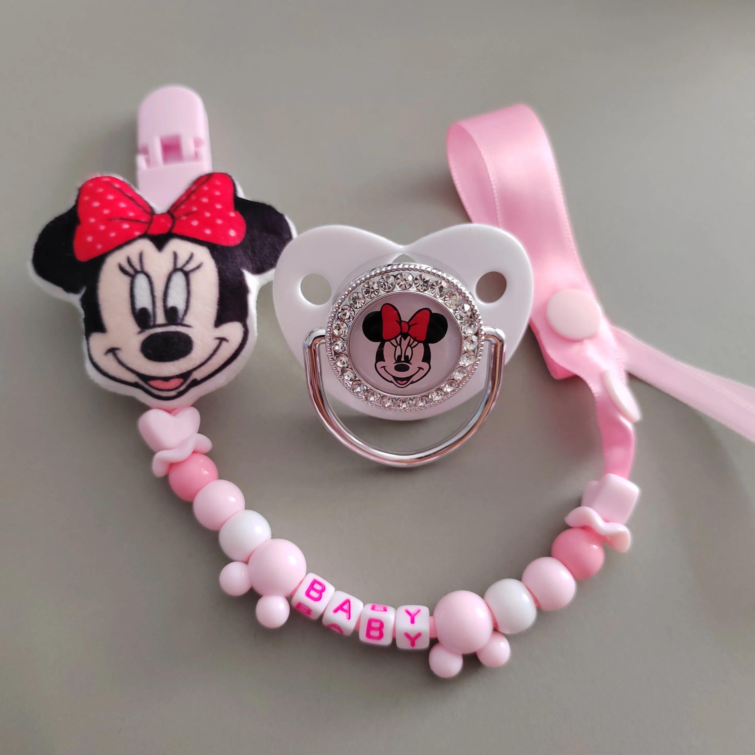 New Minnie Mouse Baby Early Educational Toys Beads Custom Name Pacifier Clip White Lace Princess Toddler Shoes for Girl 0-8M