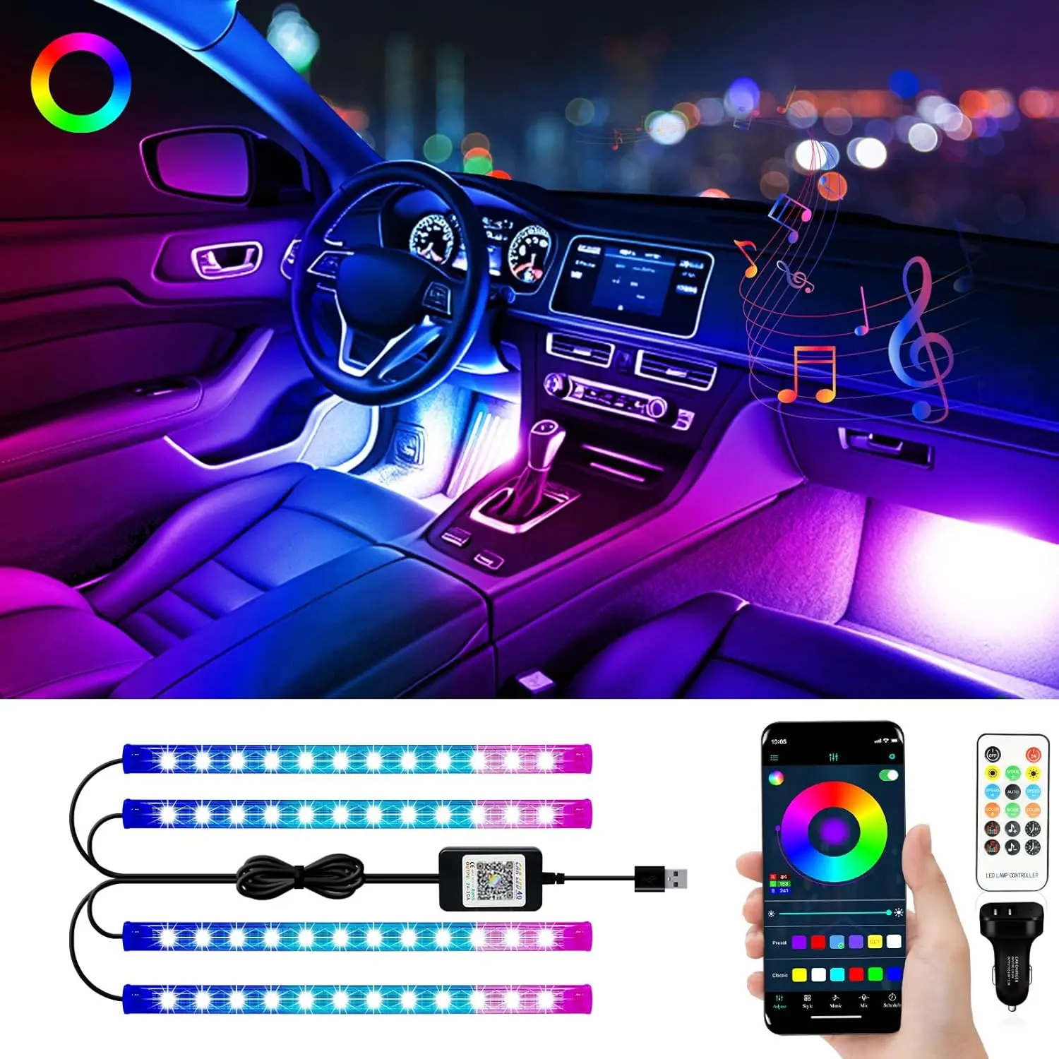 CarYM E-Brightt RGB LED Strip Lights For Car App Control With Remote Led Lights Car Interior With Charger Music Sync Under Dash