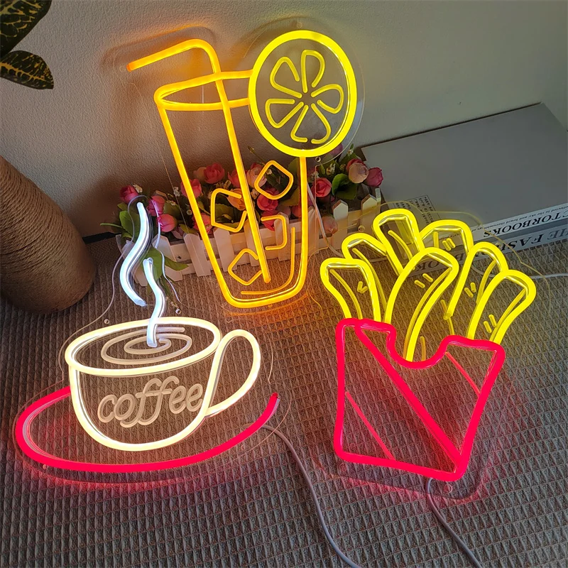 French Fries Coffee Neon Signs for Wall Lemon Tea Neon Light Restaurant Bar Pub Saloon Snack Doorway Signboard Decoration