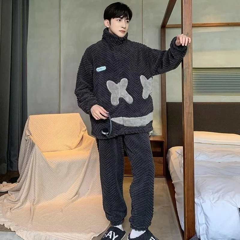 Winter Men Pajamas Coral Fleece Warm Velvet Thickened Stand Collar Nightclothes Male Flannel Zipper Casual Homewear Suit 2024