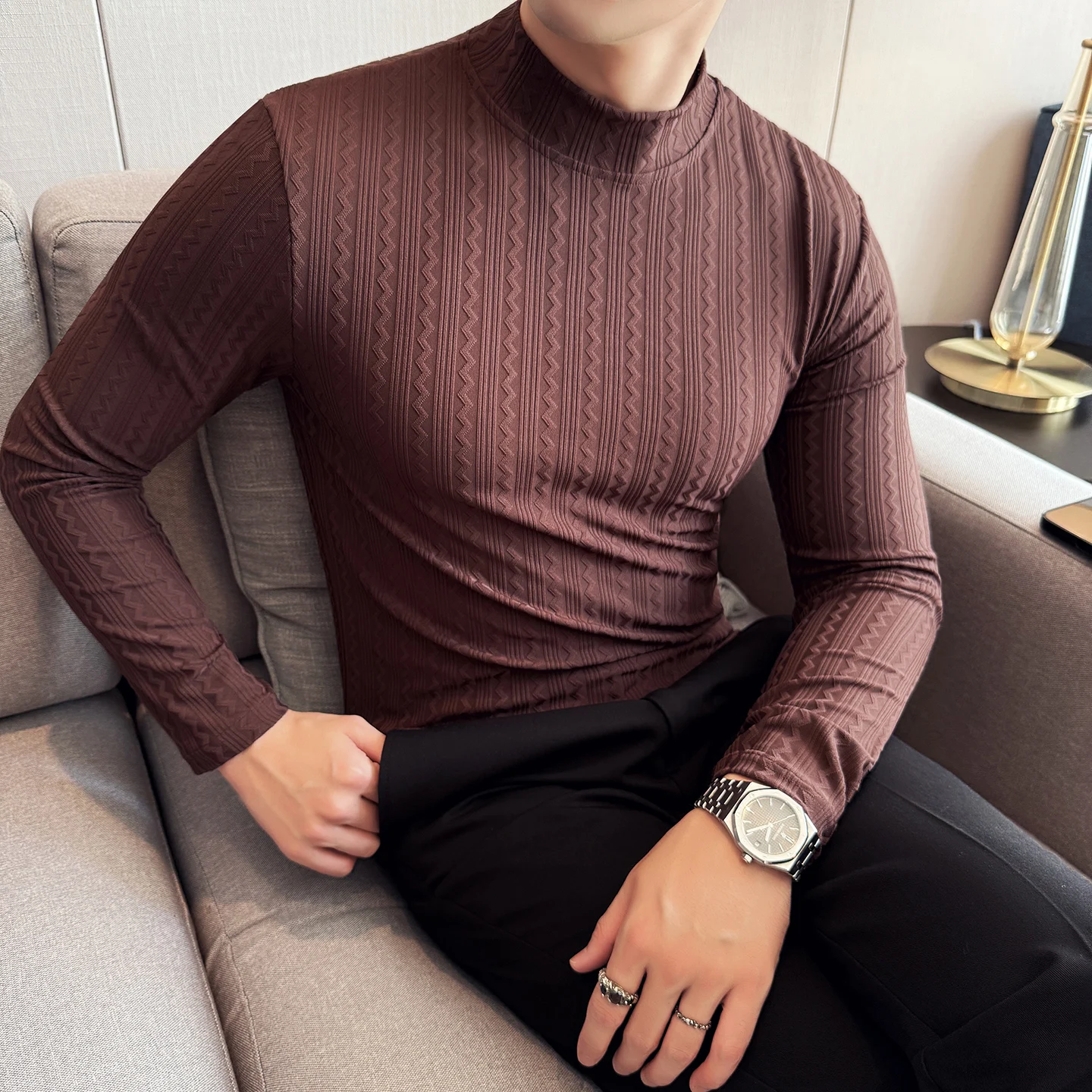 Autumn Winter Men's Half Turtleneck Long Sleeved T-shirt Striped Casual Business Base T-shirt Slim Social Streetwear Pullover