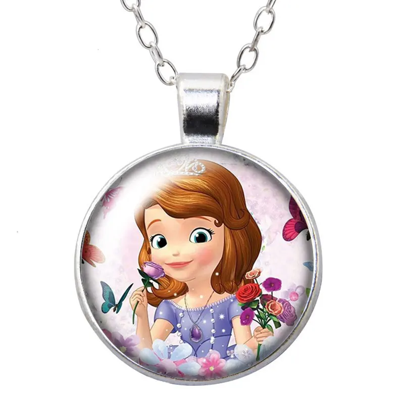 Disney Princess Sofia purple Girls Cartoon Round Photo Glass cabochon silver plated pendant necklace jewelry Gift