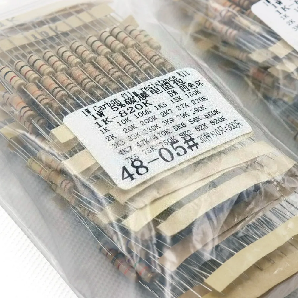300Pcs 30 Values 1W Carbon Film Resistor Kit 1K to 820K Ohm Common Values Assortment for Circuit Experiment and Electronics Educ