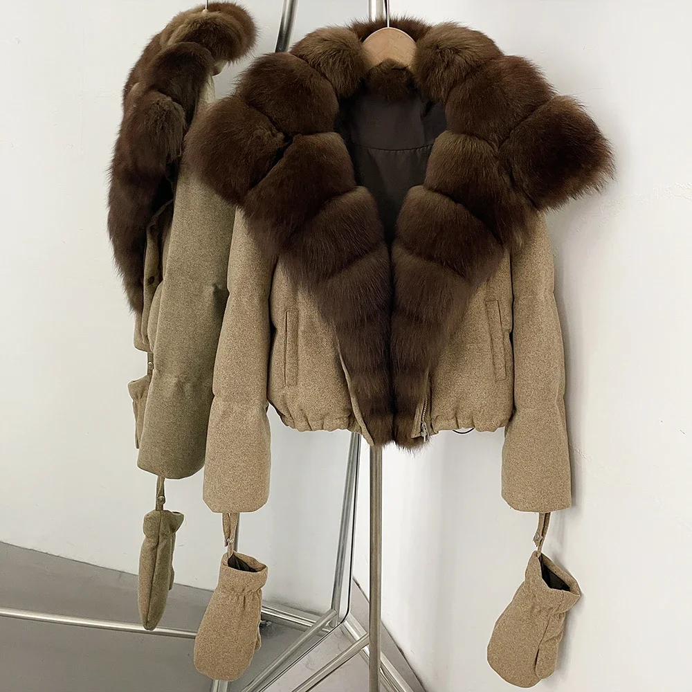 OFTBUY Wintermantel aus Entendaunen mit passenden Handschuhen, neue luxuriöse warme Oberbekleidung mit echtem Fuchspelz, kurze Damenjacke aus Wollmischung mit Daunenfüllung – Detail 10