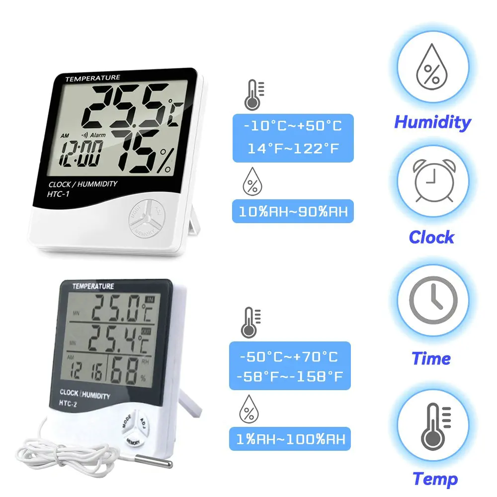 LCD Electronic Digital Temperature Humidity Meter Thermometer Hygrometer Indoor Outdoor Weather Station Clock HTC-1 HTC-2