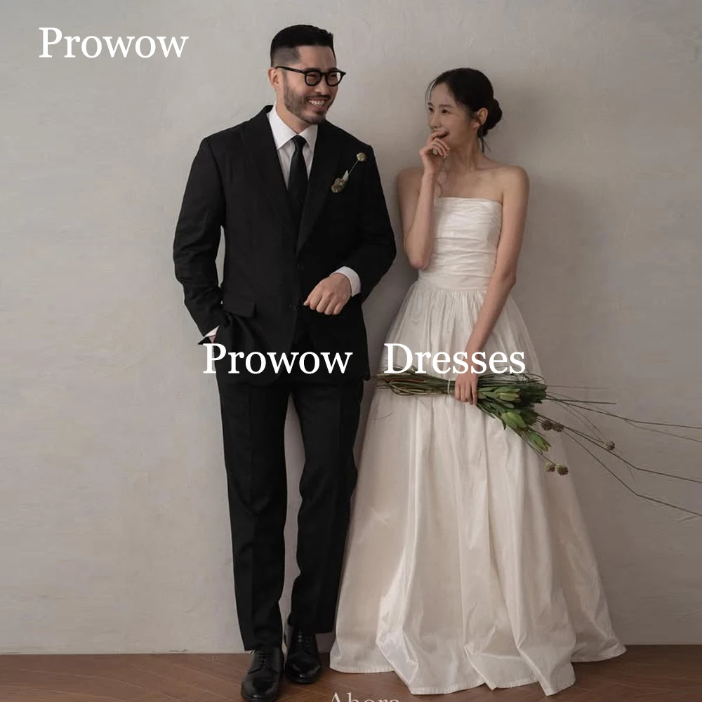 Prowow 심플 A 라인 태피터 한국 웨딩 드레스, 맞춤형 사진 촬영, 스트랩리스 코르셋, 뒷면 바닥 길이, 신부 가운, 플러스 사이즈