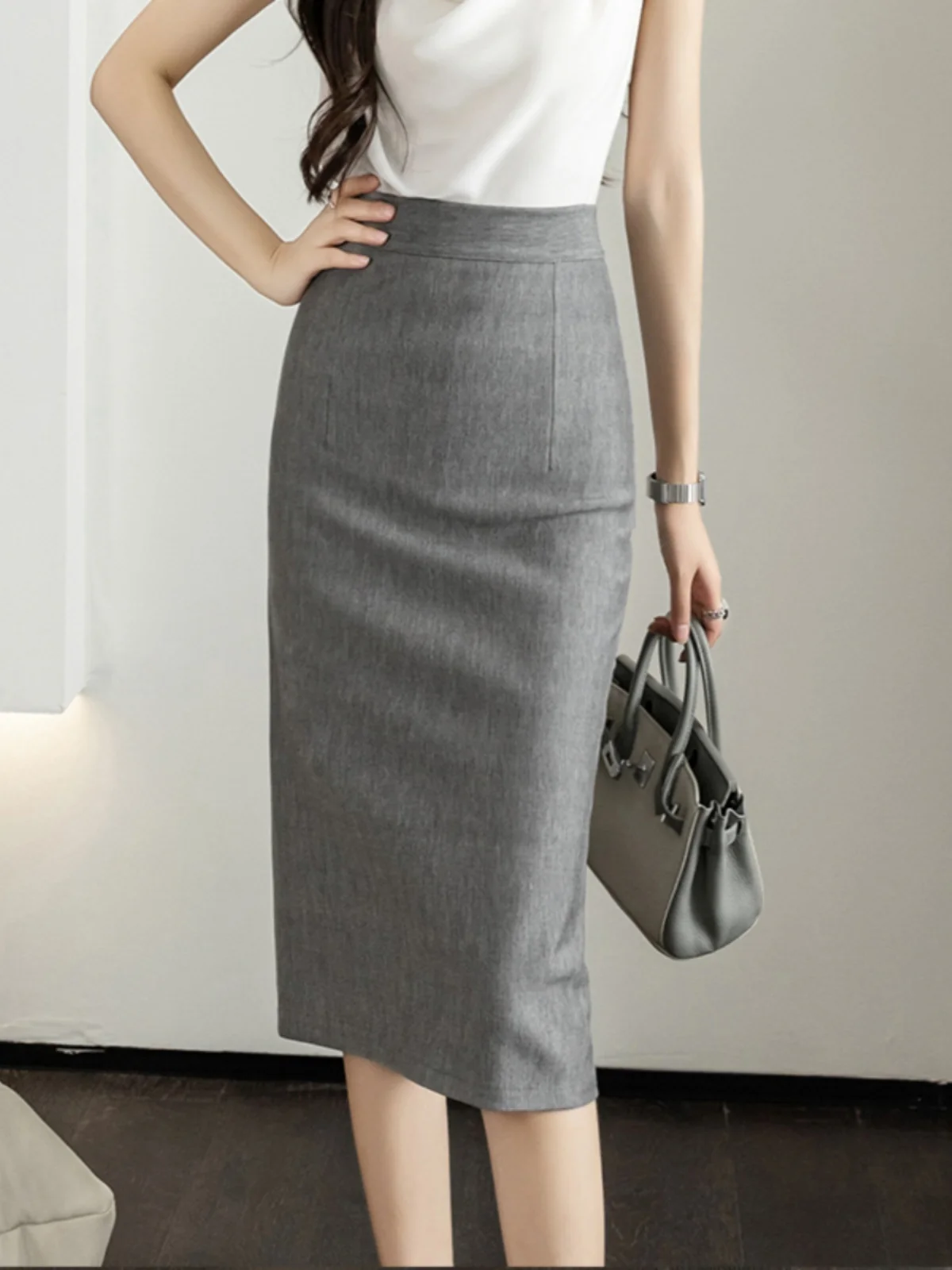 

Busin Commuter High Waist A-Line Skirt Women's Summer New Sle Polyester Fiber Skirt with Zipper Ba Split