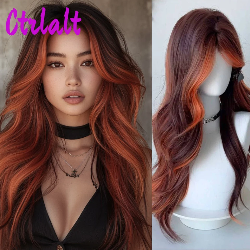 Synthetic Long Wavy Curly Ombre Orange Brown Layered Wig with Bangs Girls Lolita Cosplay Fluffy Hair Wig For Daily Party