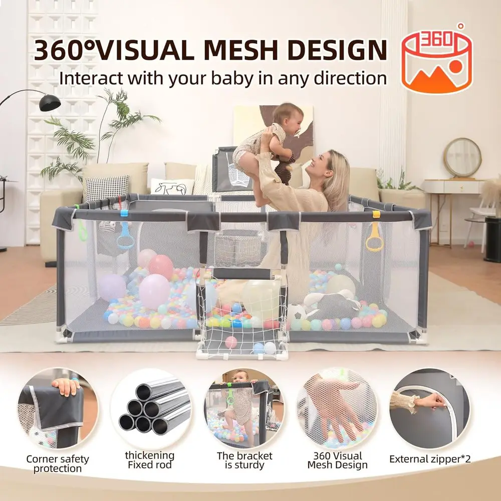 Parc gris avec tapis, 73x71, adapté aux bébés et aux tout-petits, utilisation extérieure et intérieure, design respirant avec accessoires