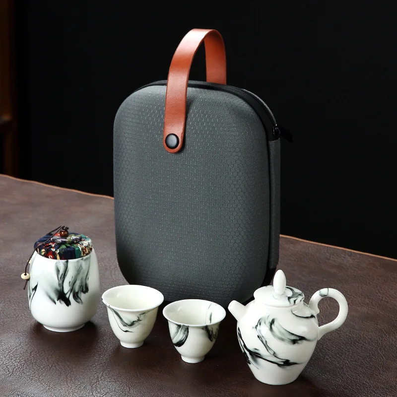 White Porcelain Quick Cup One Pot Two Cups Outdoor Travel Tea Set Portable Bag High-End Office Gift Ceramic Tea Set Teaware