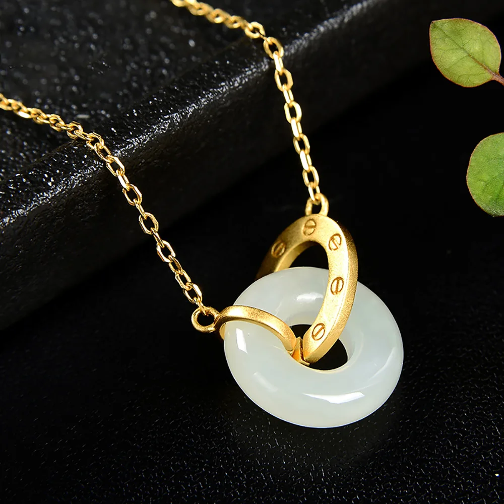 

Natural White Jade Safe Buckle Pendant S925 Sterling Silver Ancient Method Inlaid Ring Interlocking and Never Separating