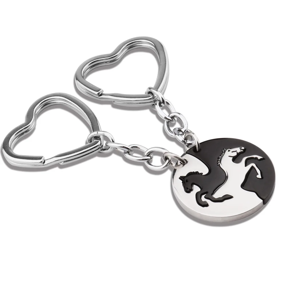 Heart-shaped Stainless Steel Car Key Chain Splicing Horse Circular Key Ring Key Chain Pendant Jewelry Yin Yang Horse 2023