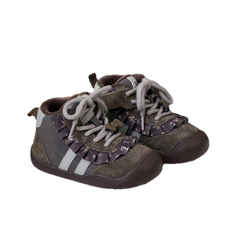 

Новая зимняя детская повседневная обувь для девочек, теплая кружевная обувь в корейском стиле с хлопковой подкладкой, детские теплые ботильоны для малышей