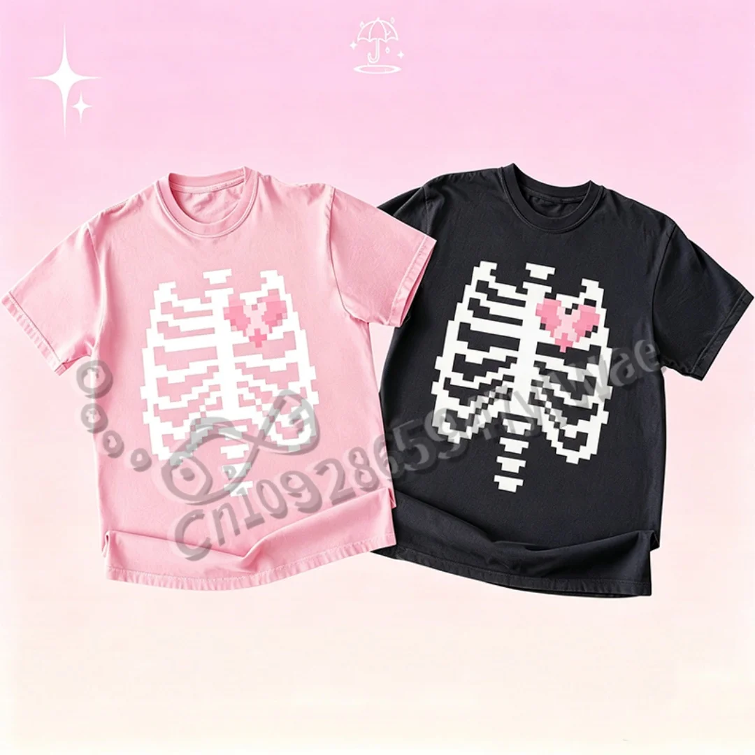Rosa Rippen-Skelett-Fledermaus-Shirt Halloween Pastell-Gothic-Stil Hexen-Shirt Kleidung Yami Kawaii Streetwear T-Shirt Damen- und Herrenbekleidung – Detail 13