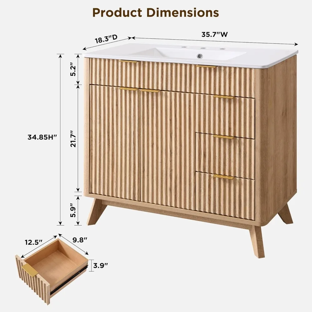 36 inch modern fluted vanity with ceramic sink and soft-close storage cabinet