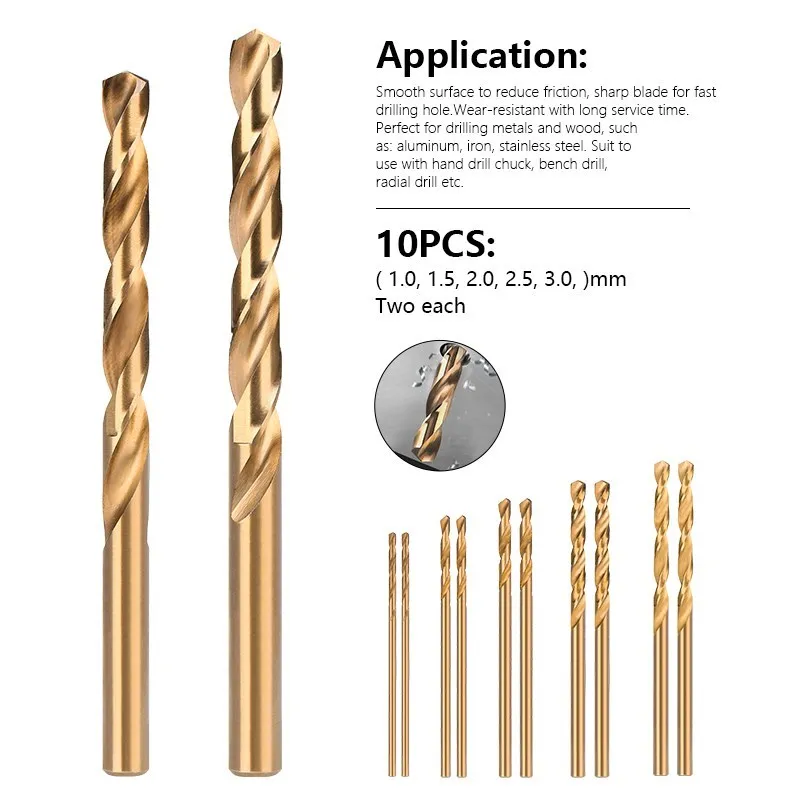 CMCP 10pcs Twist Drill Bit Set 1.0-3.0mm Metal Stainless Steel Hole Cutter For Wood Metal Drill HSS Cobalt Coated Drill Bit Set