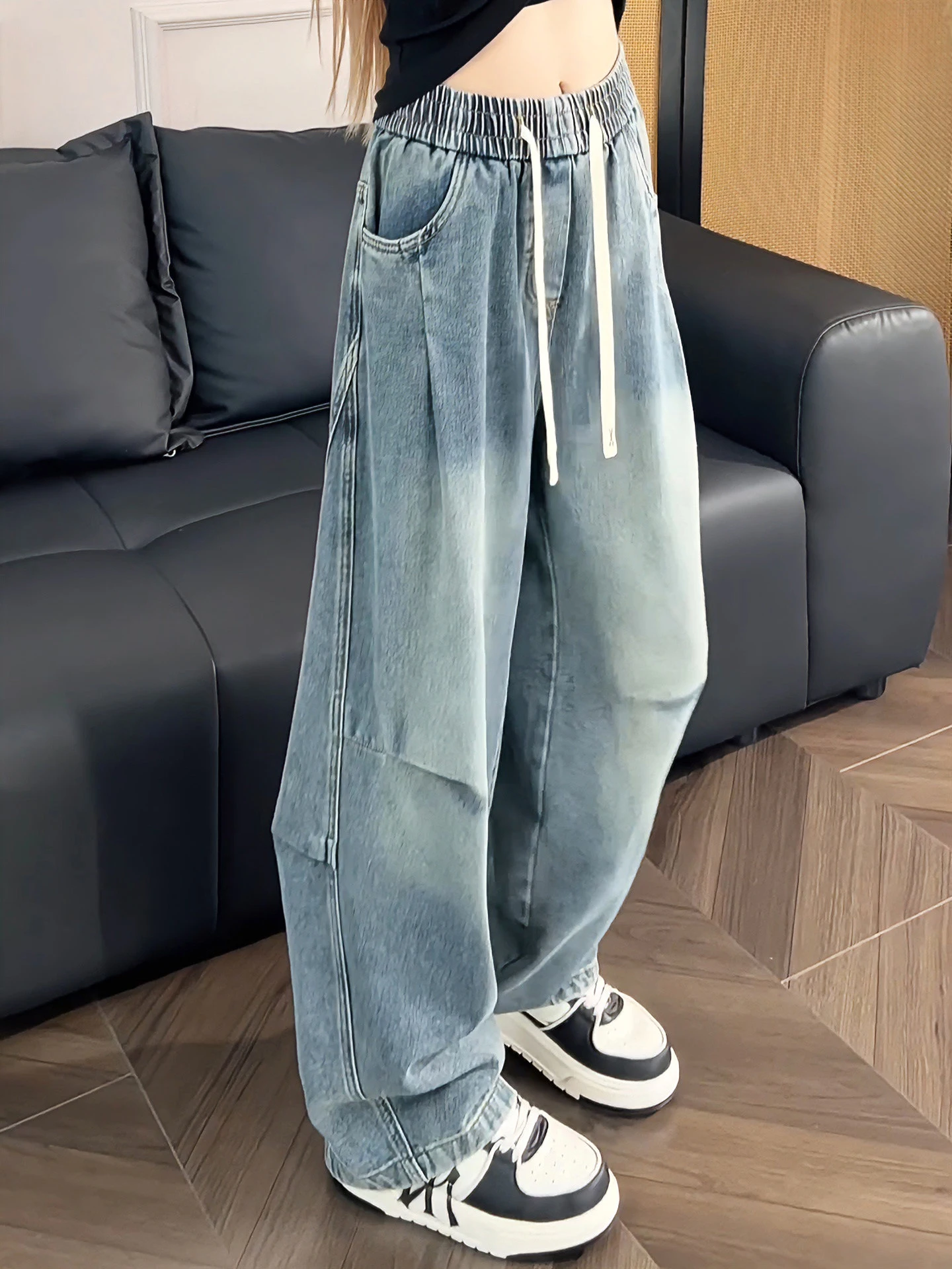 Calças Jeans Americanas Retro Azuis com Corte Reto e Perna Larga, Jeans de Cintura Baixa com Cordão para Homens e Mulheres