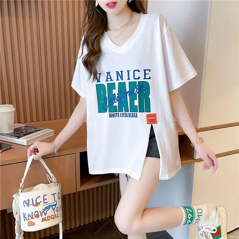 Women's T-shirt Letter Baggy Cotton Top Female Green Slit Yk2 Korean One Pieces Comfortable Clothes Streetwear Basic Pulovers