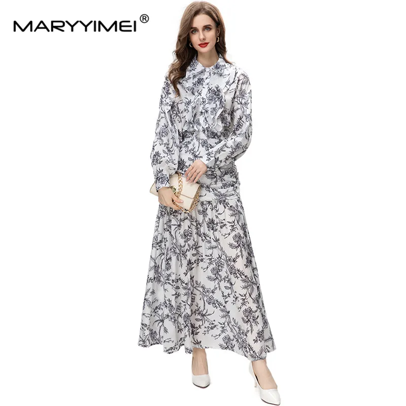 MARYYIMEI High Street Fashion Suit Designer Women\'s Lantern Sleeves Print Cardigan Ruffle Tops+High Split Long Skirt 2pcs Set