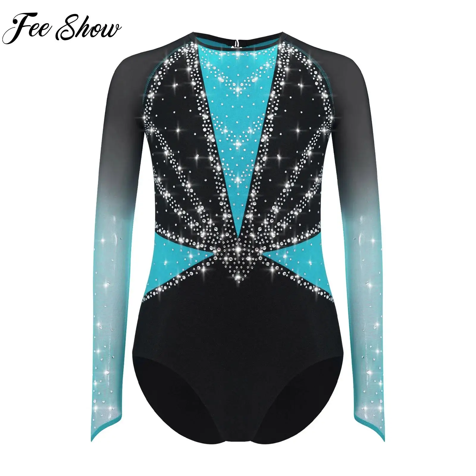 

Children Girls Ballet Jersey Acrobatics Gymnastics Figure Skating Dance Costume Rhinestones Mesh Leotard Bodysuit Dancewear