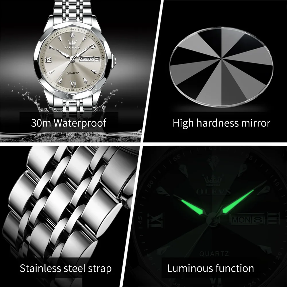 OLEVS 9998: reloj de cuarzo de acero inoxidable, resistente al agua, de diseño elegante y para uso profesional, tanto para hombres como para mujeres, con indicador de día y fecha.