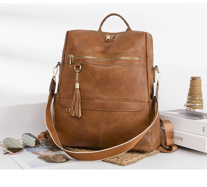 Practical Pu Leather Tassel Handbag Backpack Women Ideal for Business Travel Featuring Retro Design and Contrasting Colors