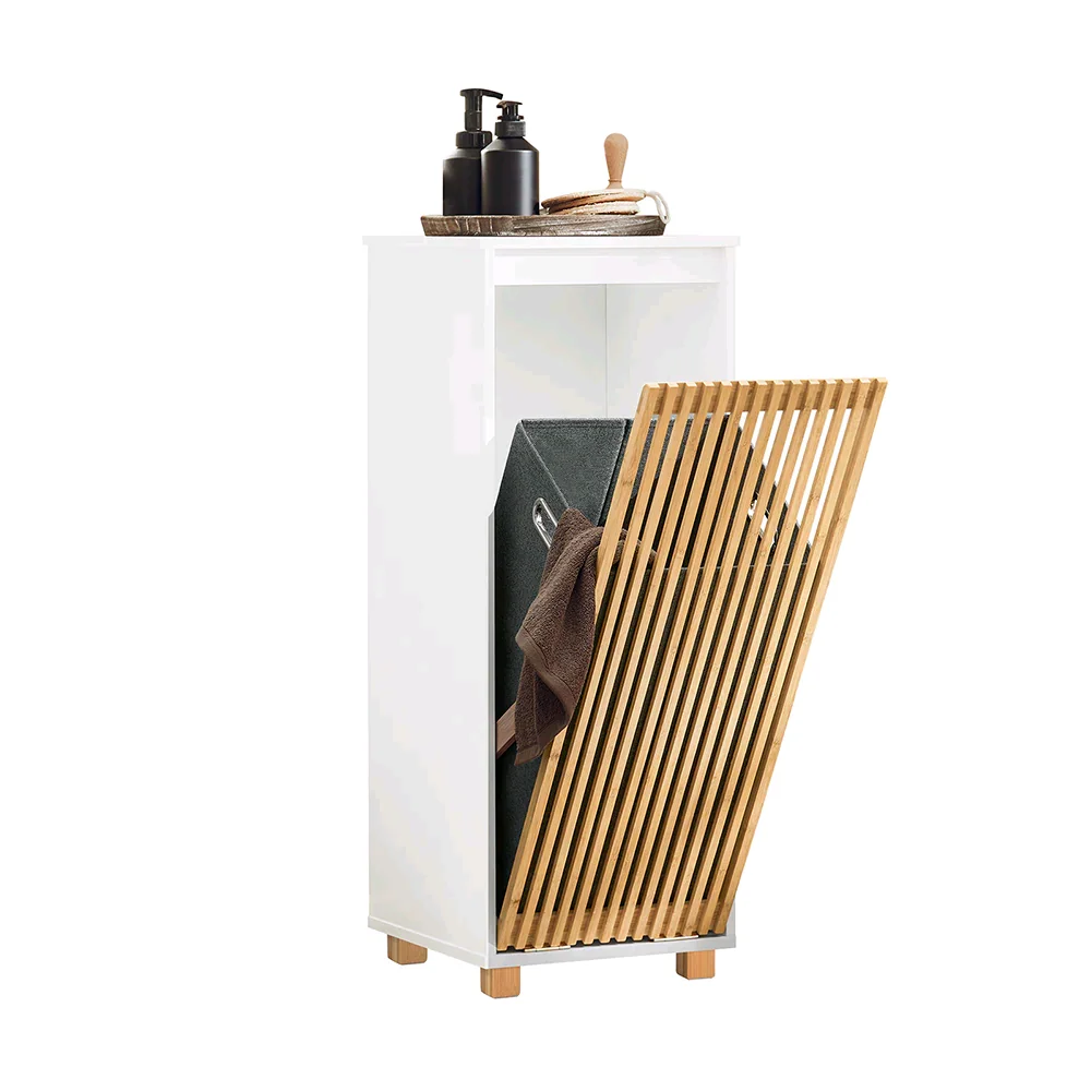 ！@Combohome White Bathroom Laundry Cabinet with Basket Tilt-Out Laundry Hamper Bathroom Storage Cabinet Unit with Shelf