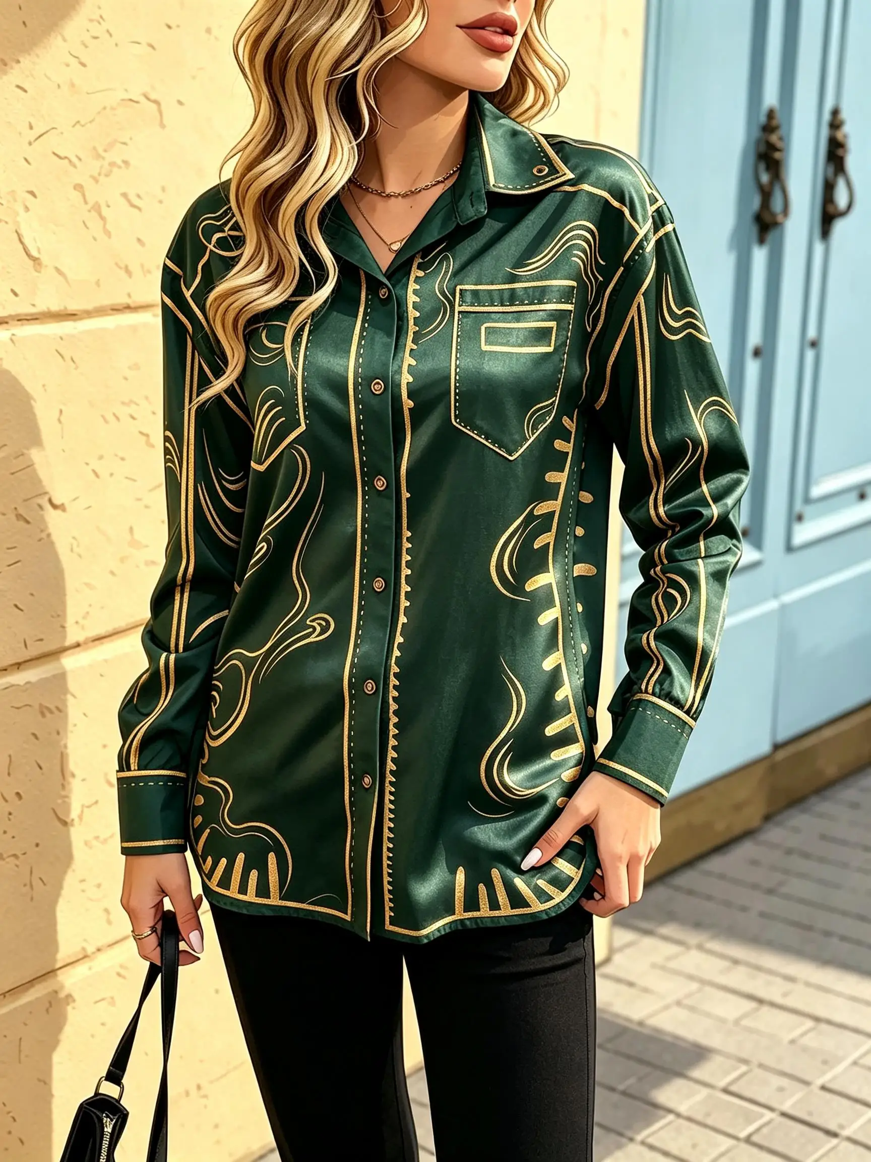 Women Long Sleeve Button‑Up Shirt Abstract Line Graphic Print Turn‑Down Collar Casual Pocket Blouse Tops