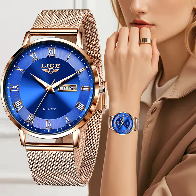 

Часы-браслет LIGE для женщин, модные ультратонкие сетчатые кварцевые женские часы из розового золота, водонепроницаемые светящиеся наручные часы, часы для девочек
