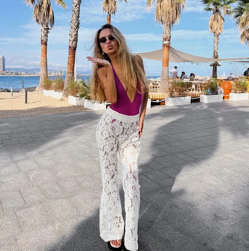 White Lace Flower Jacquard Sheer Flared Trousers Woman Hollow Out Pants Vintage Trouser Y2k Holiday Vacation Street 2025 Summer