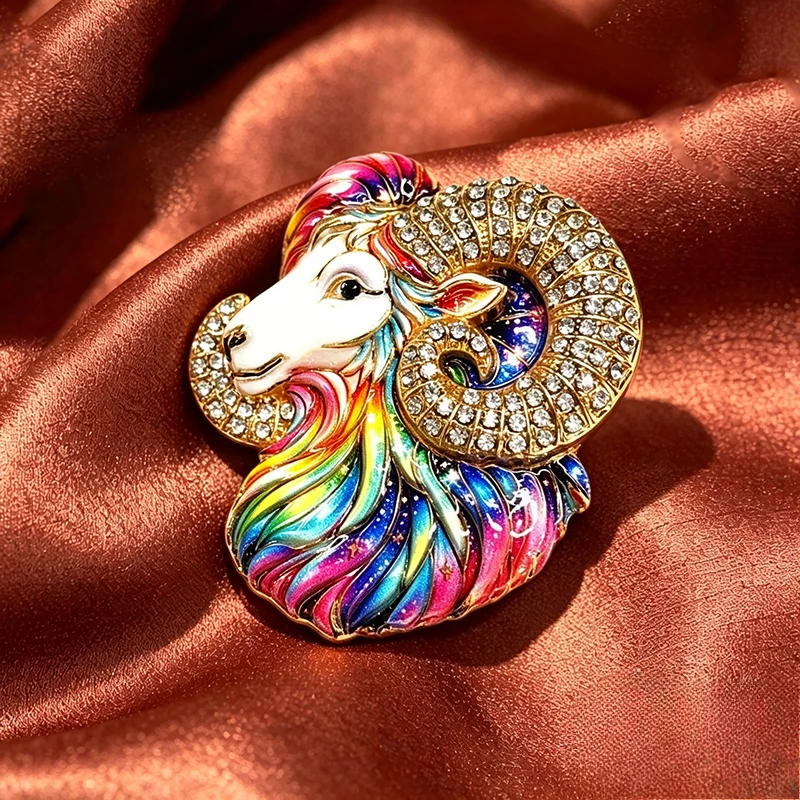 Colorful Enamel Ram Head Brooch Crystal Rhinestone Alloy Sheep Lapel Pin Vintage Animal Badge Jewelry Gift