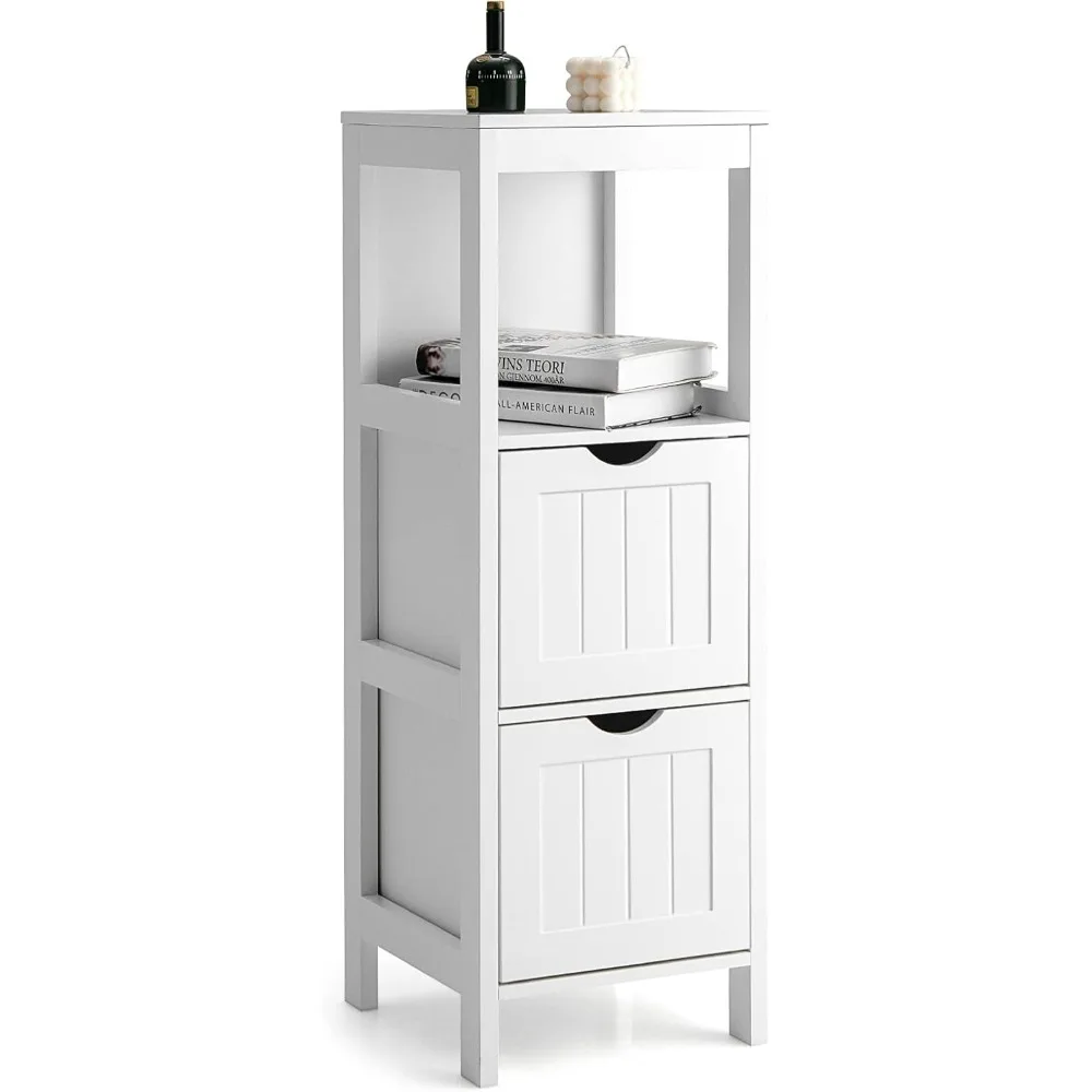 

Small Bathroom Storage Cabinet with 2 Removable Drawers, Wood Freestanding Floor Cabinet for Bathroom, Anti-Tipping Dev