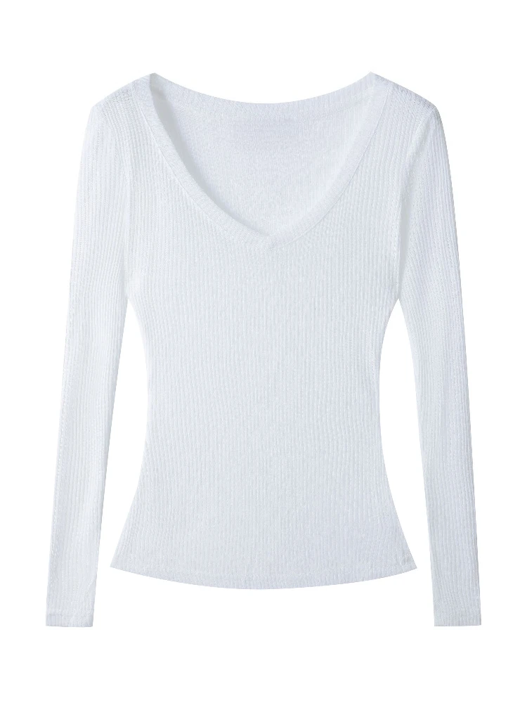 Thin Sun Protection Long Sleeve Tees 2026 Summer New V Neck Women's T Shirt Lazy Style See Through Solid Color Cover Up Top