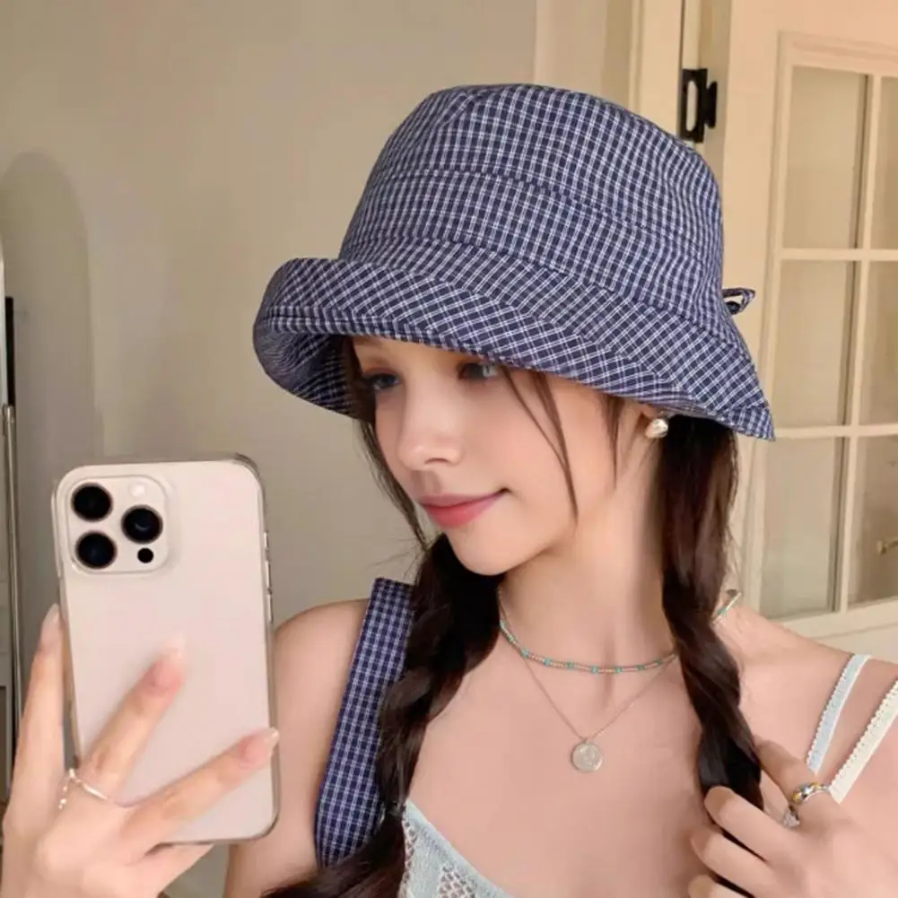 Outdoor Vacation Sun Hat Plaid Fisherman Hat for Women Wide Brim Uv Protection Sun Cap Adjustable Back Bow Beach Hat Foldable