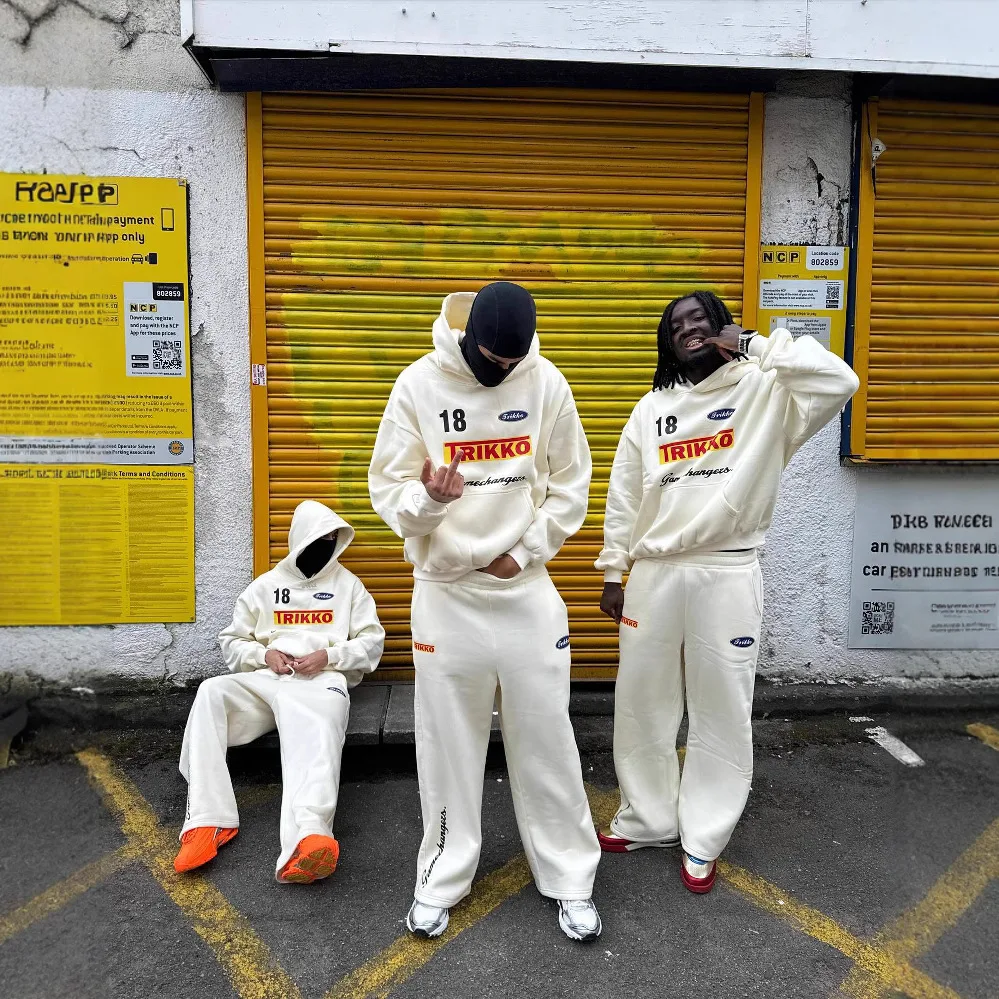 

Man Womans Oversized Hoodie Set With Beige Graffiti Print, Y2k Streetwear Mans Tracksuit, Autumn High Street Sets For Man