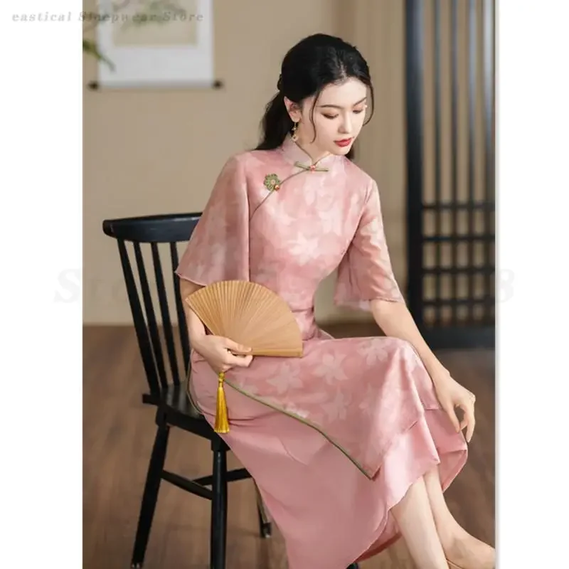 

New Chinese Style Printed Flower Dress Pink Long Ao Dai Qipao Traditional Mandarin Collar Cheongsam Vintage Evening Party Gown