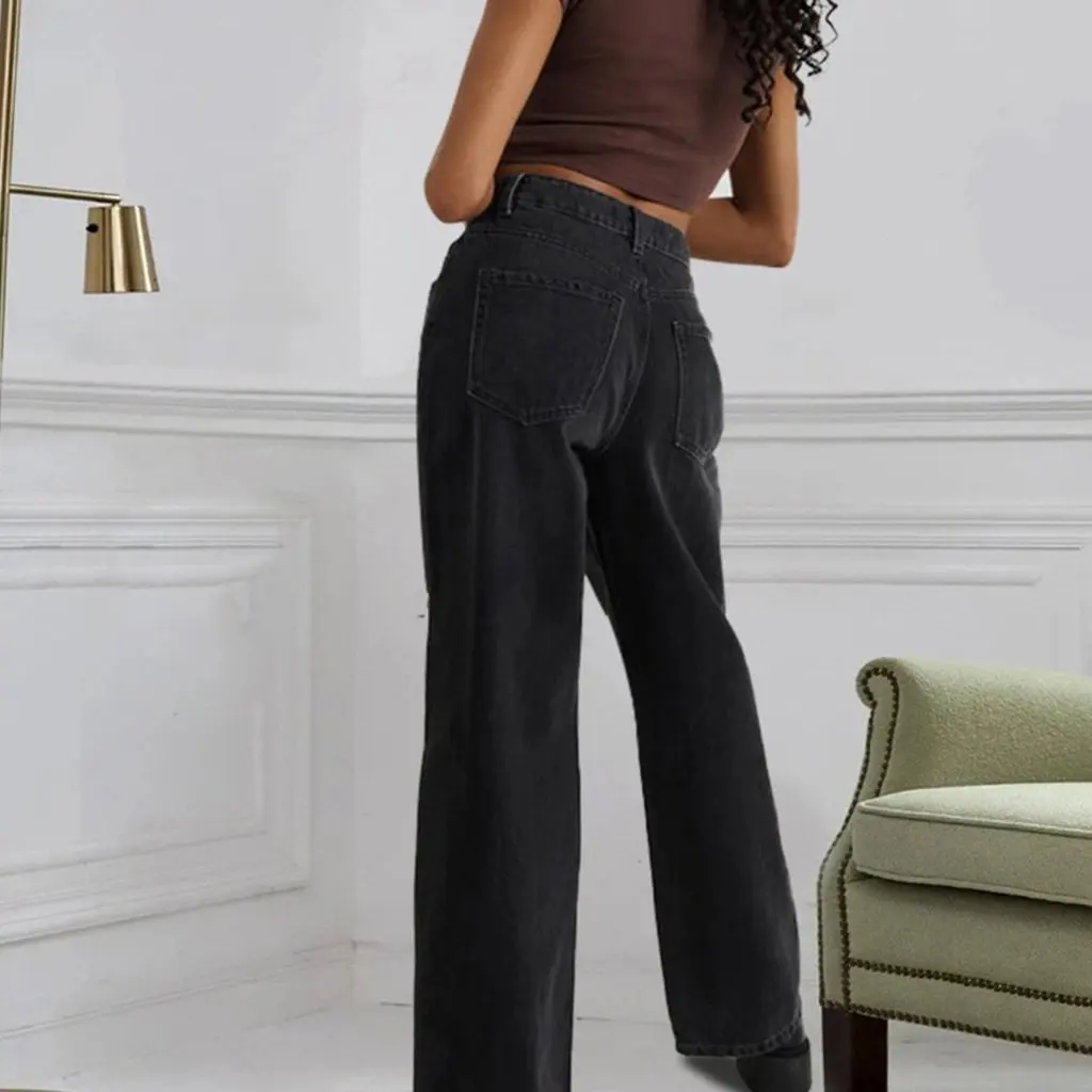 Wishebay Europejska i Amerykańska Moda Uliczna Jeansy Proste z Wysokim Stanem, Dziurami i Rozcięciem dla Wysokich Kobiet