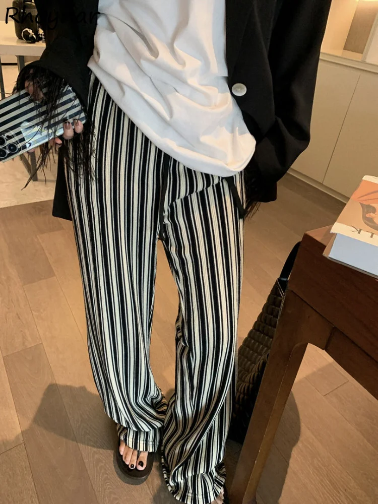 

Wide Leg Pants Women Loose Beach Style Vacation Leisure Spring Graceful High Waist Chic Harajuku Lady Classic Striped All-match