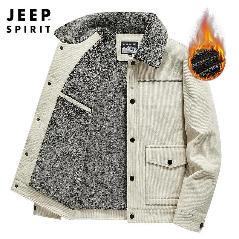 JEEP SPIRIT Autumn and Winter New Men Corduroy Collar Cotton Suit Fashion Simple Loose Size Coat Mens Casual Plush Warm Overcoat