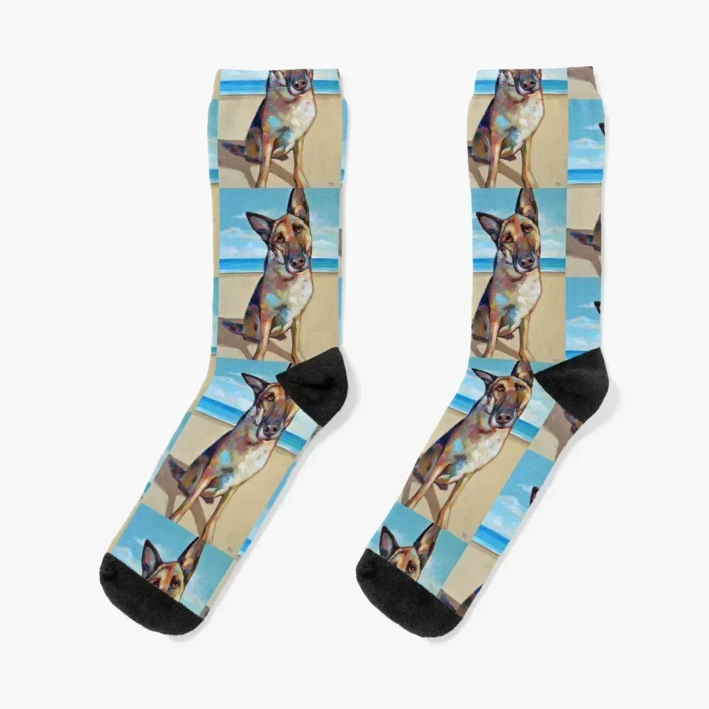 

German Shepard on the Beach Socks gifts cartoon happy Mens Socks Women's
