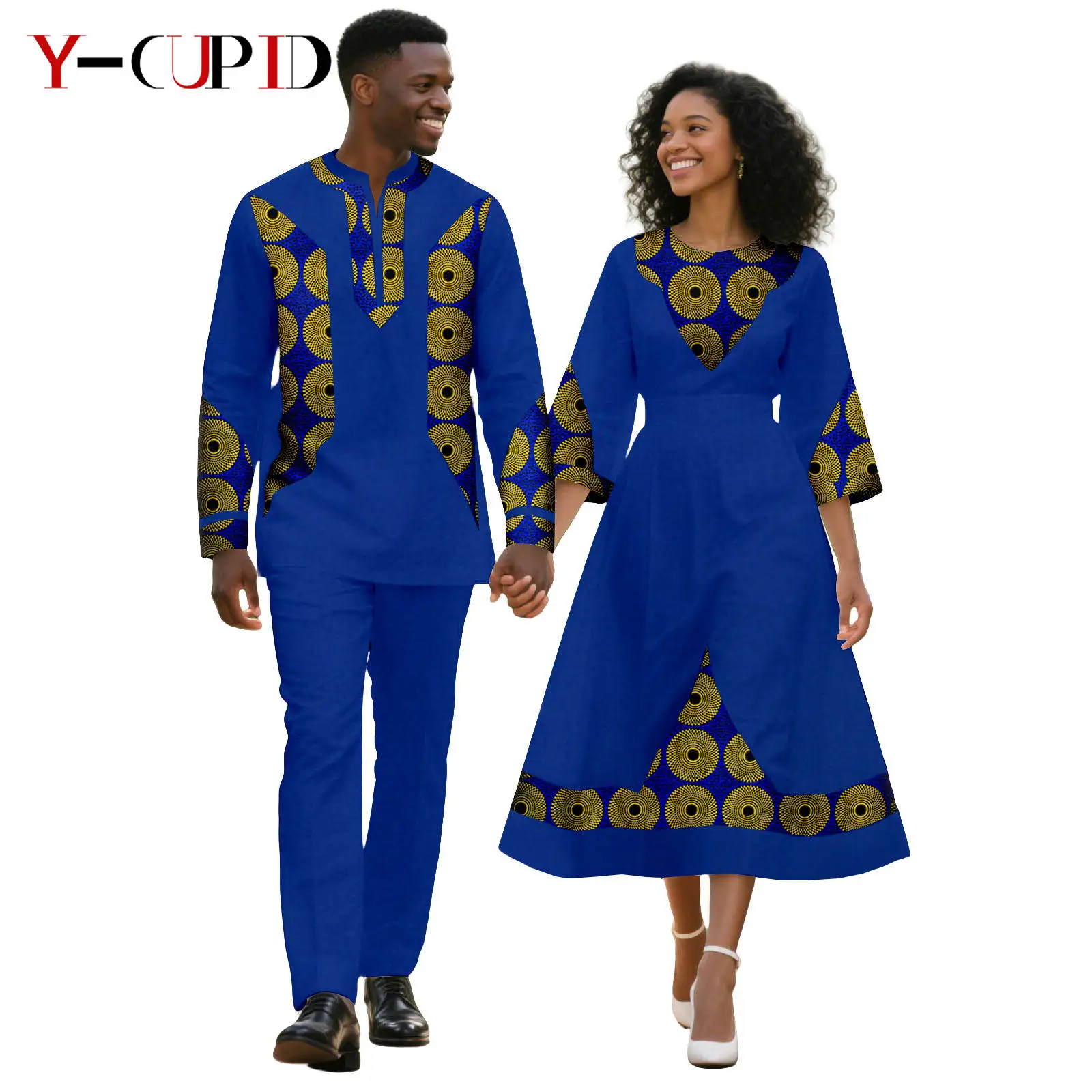 African Patchwork Print Maxi Dresses for Women Matching Couple Clothes Men Outfits Dashiki Top Shirt and Pant Sets 25C043