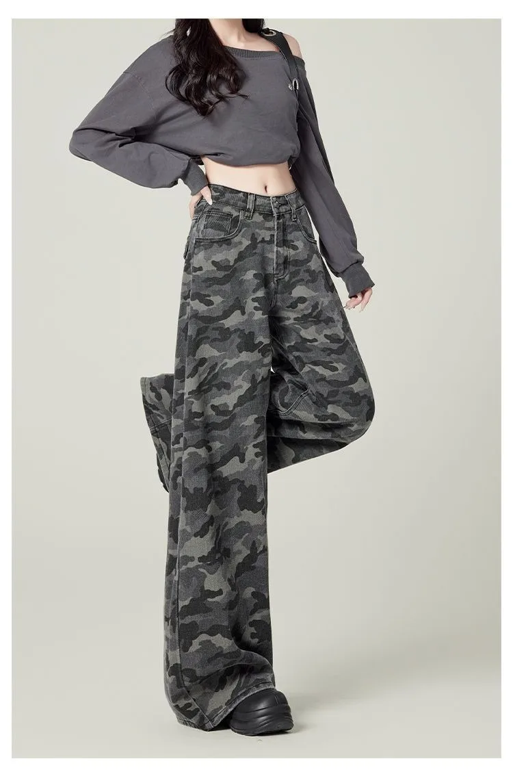 Y2K Übergröße Damen Graue Camouflage Cargo Jeans 2026 Frühling Herbst Hochgeschnittene Weite Hose Streetwear – Detail 9