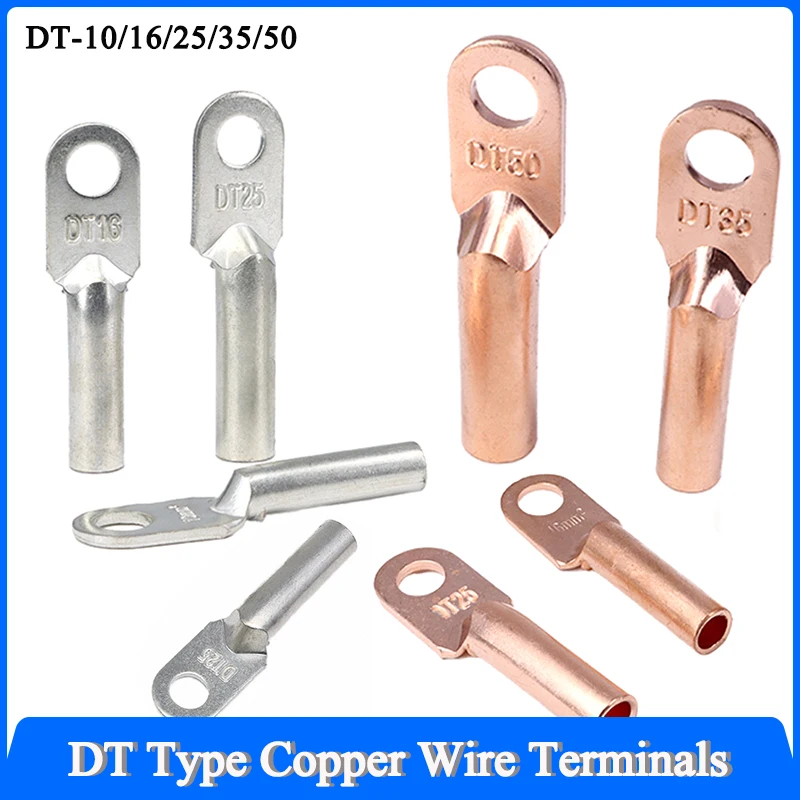 Copper Tube Wire Terminal DT-10 16 25 35 50mm² Crimp Splice Block Bare Bolt Hole Nose Tube Lug Cable Connector Hole 8.5mm 10.5mm