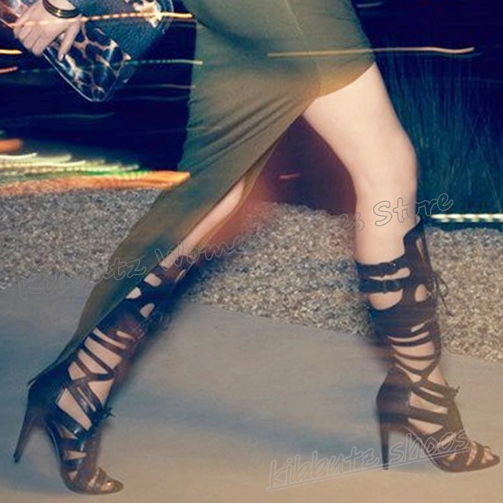 Sneaker Boot Knee High Lace-Up Cross Strap Solid Color Hot Girls Shoes Newest Novelty Fashion Luxury Elegant Runway Show Leather